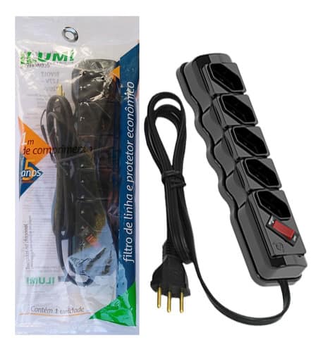 Régua Filtro De Linha 5 Tomadas Preto Circular Bivolt 10a 3p